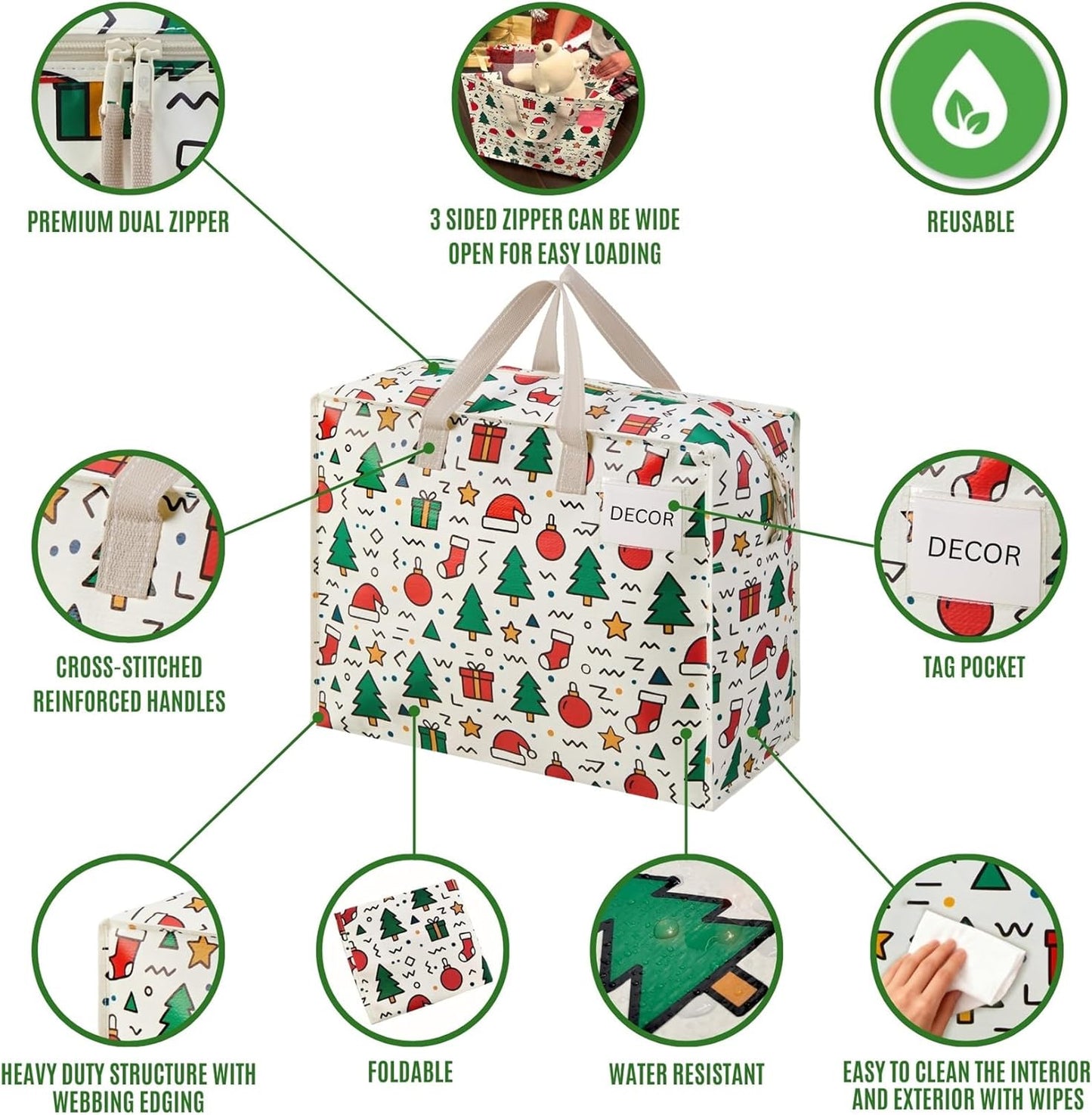 VENO 4 Pack Heavy Duty Moving Bags, Storage Bags, Packing Supplies, Top Zipper, Storage Totes for Camping, Clothes, Bedding, Comforters, Pillows, Christmas Pattern (13 Gallon, Jingle Mix, 4 Pack)