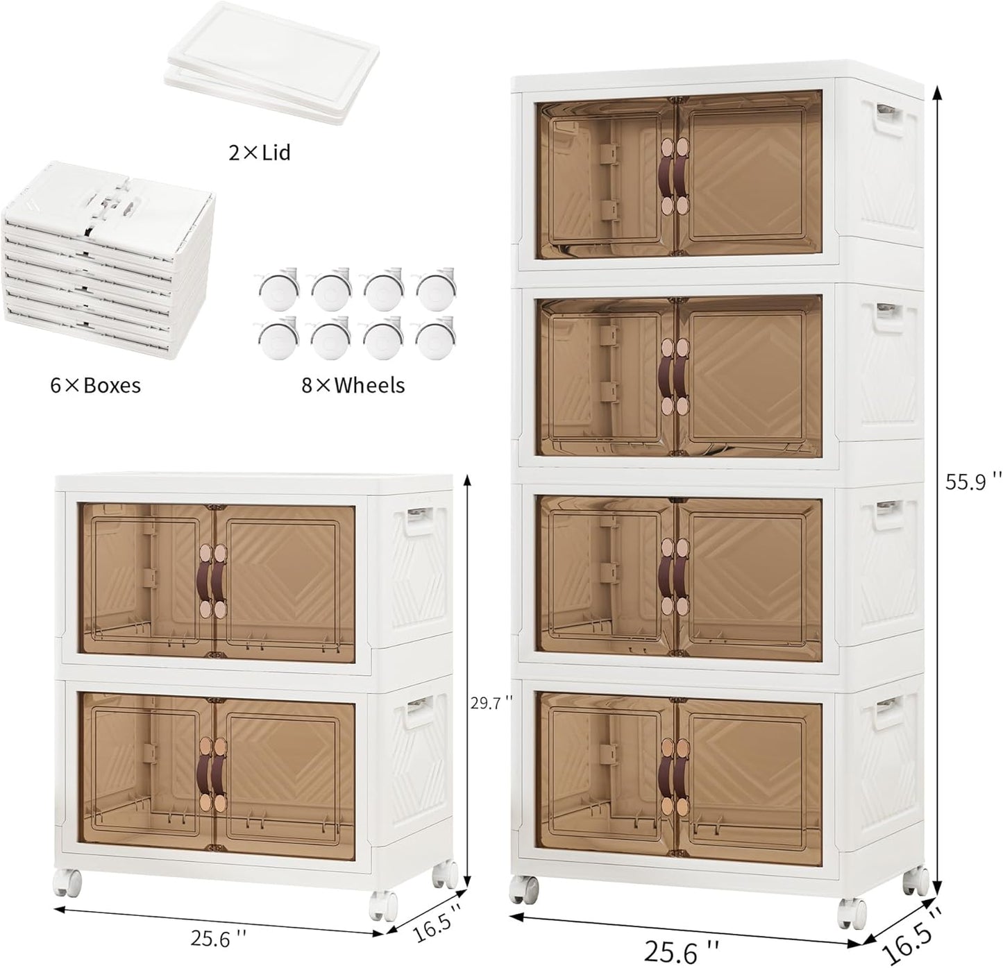 Storage Bins with 2 Lids and Wheels, Collapsible Bathroom Storage Cabinet with Clear Doors, Plastic Stackable Closet Organizers and Storage Containers White 597 QT