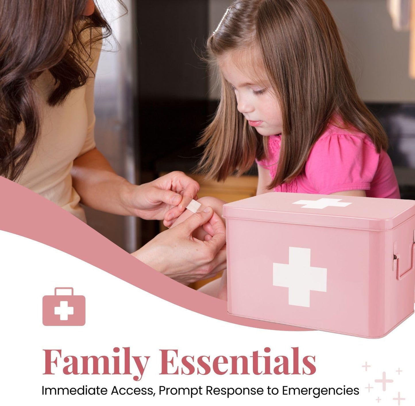 Flexzion First Aid Box Organizer Empty 13" Pink Vintage First Aid Kit Tin Metal Medical Box - First Aid Storage Box Container Bins with Dividers, Removable Tray and White Cross Logo