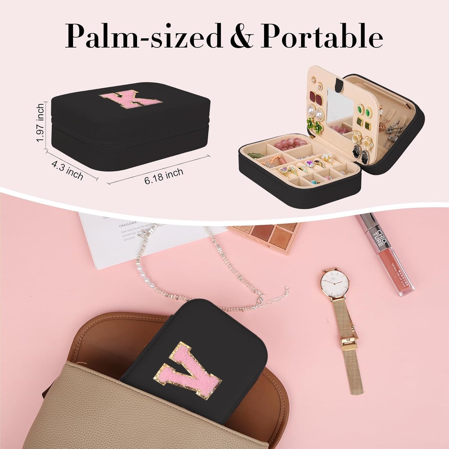 TopPerfekt Travel Jewelry Case, Jewelry Box with Mirror, Jewelry Organizer Bridal Shower Gifts to Her, Earring Storage Travel Case, Trendy Gift for Women and Girls, Girlfriend-Letter V, Black