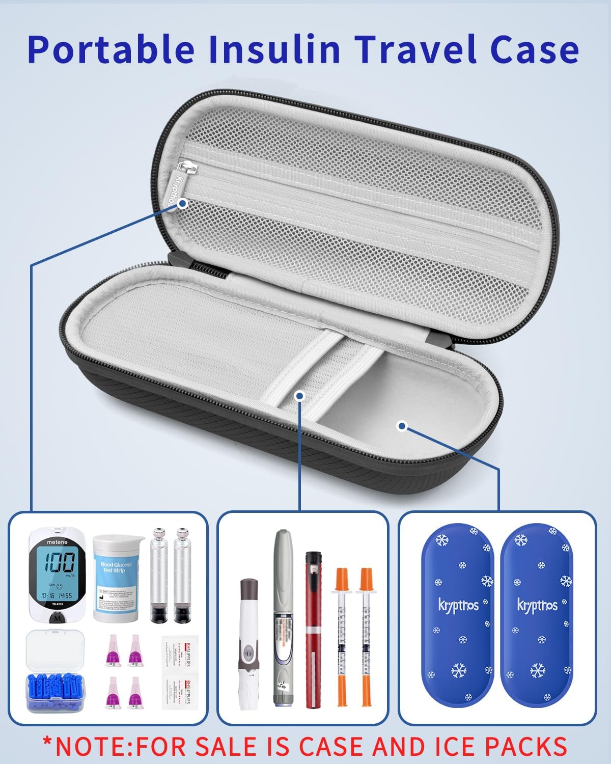 Krypthos Insulin Cooler Travel Case, Diabetes Travel Bag with 2 TSA Approved Ice Packs, Portable Medication Organizer for Diabetic Insulin Pens, Vials & Syringes for Travel & Daily Use (Black)