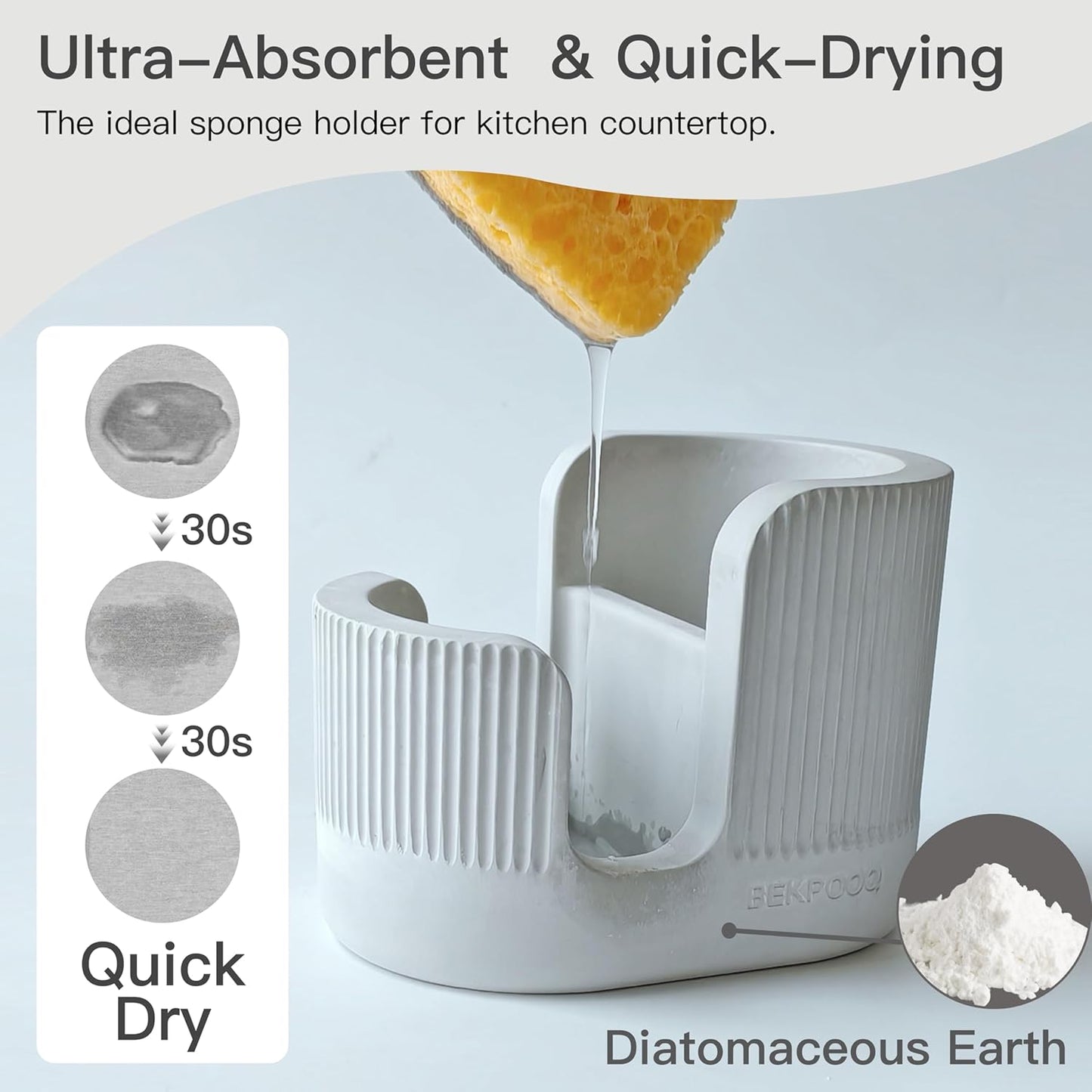 2-in-1 Diatomite Sponge Holder for Kitchen Sink, Quick-Drying Dish Sponge and Brush Holder, Dish Wand Holder, Diatomite Stone Sink Tray, Ultra Absorbent Sink Caddy Organizer, Light-Gray