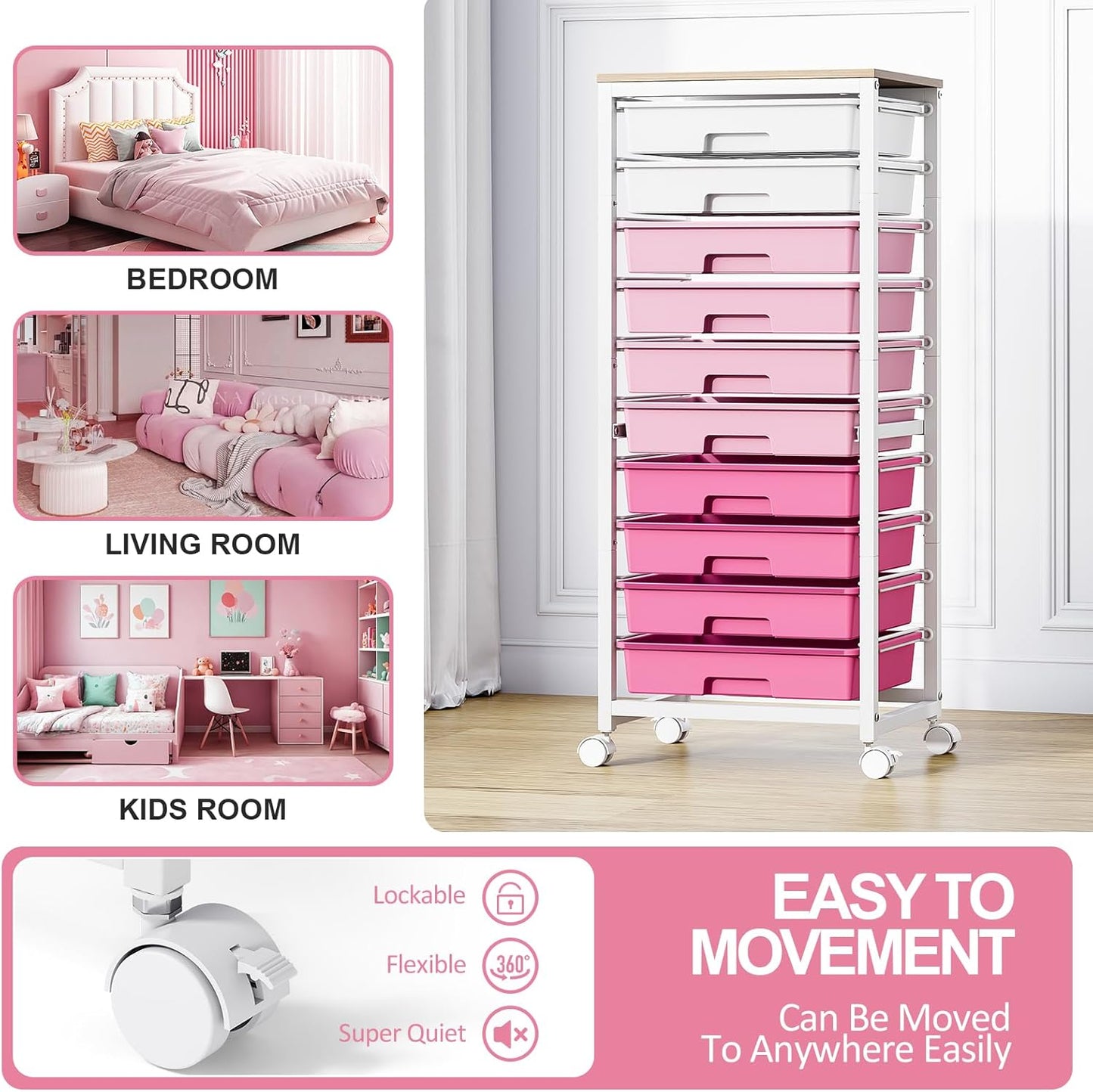 Rolling Cart with Drawers,10 Drawer Rolling Cart,Storage Cart,Utility Cart,Teacher Cart for Classroom Storage,Craft Cart with Wheels and Wooden Tabletop,Pink