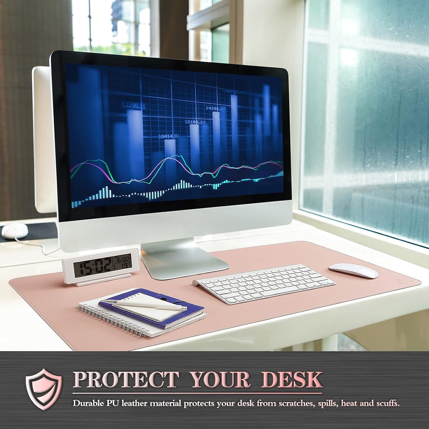 K KNODEL Desk Mat, Blotter, Dual-Sided Office Desk Pad, Waterproof Desk Mat for Desktop, Desk Blotters, PVC Leather Pad Protector (Pink, 23.6" x 13.8")