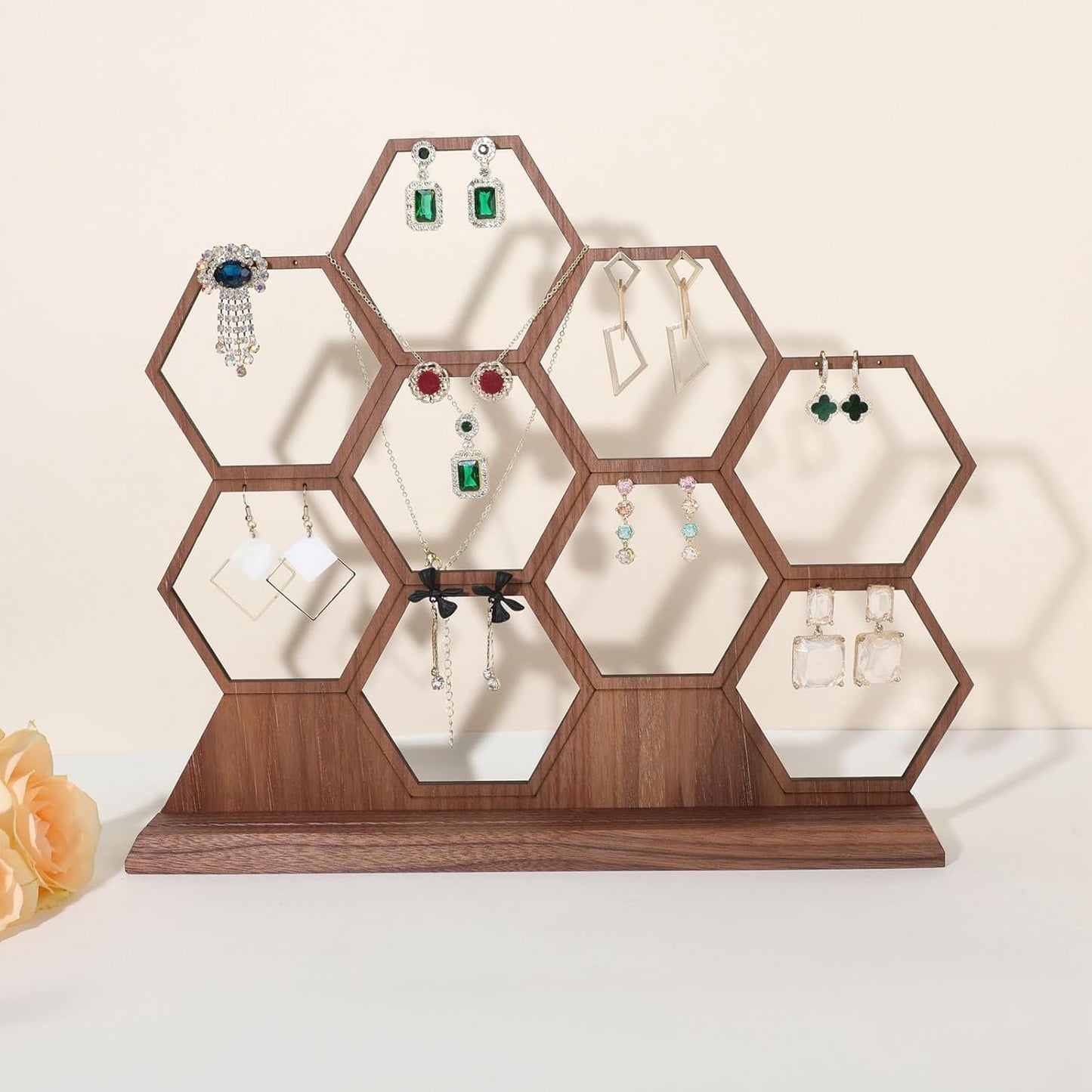 GemeShou hexagonal jewelry earring display stands for selling, wooden necklace jewelry organizer hanging, walnut earring hanger dangle holder for show, home decor【Jewelry shelf-Hexagon】