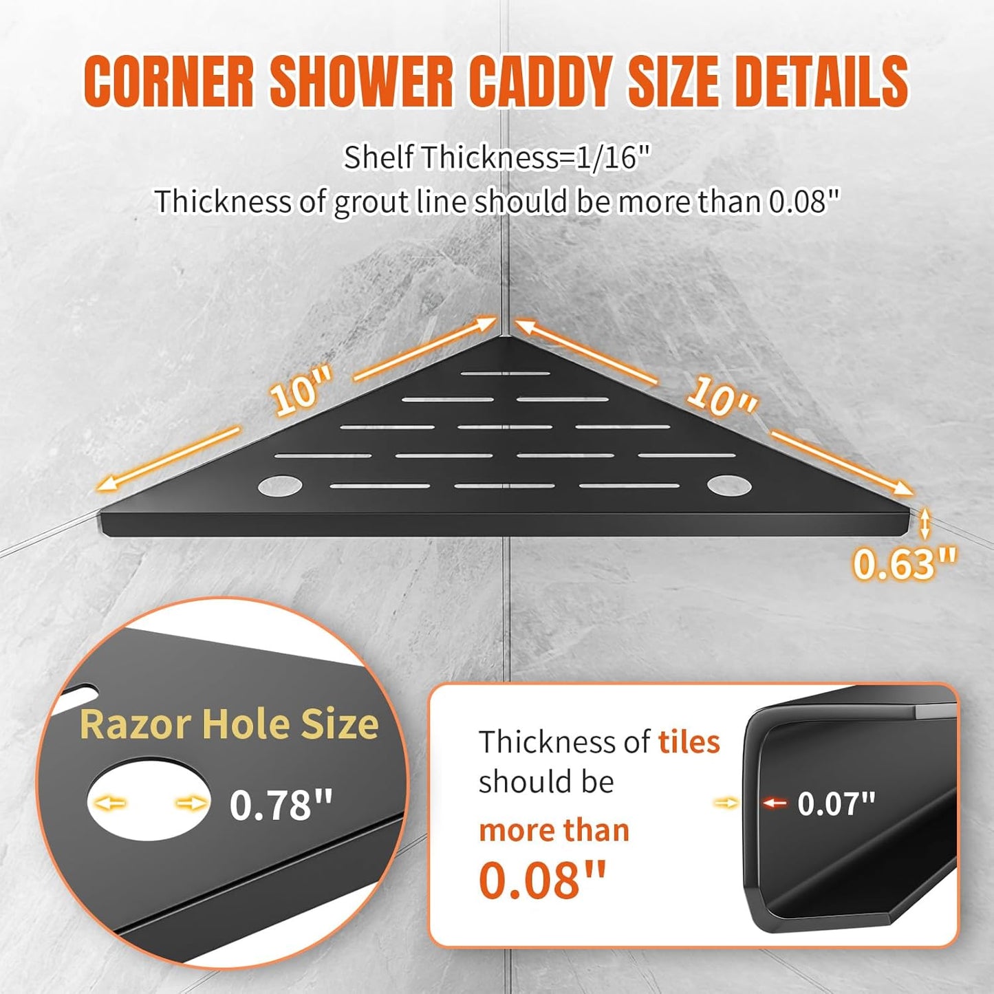Corner Shower Shelf with Razor Hole, Modern Sturdy Shower Caddy, 10" 304 Stainless Steel Shower Organizers Bathroom Shelf for Tile Wall, No Drilling Grout Mount Shelf for Shower,Bathroom Accessories