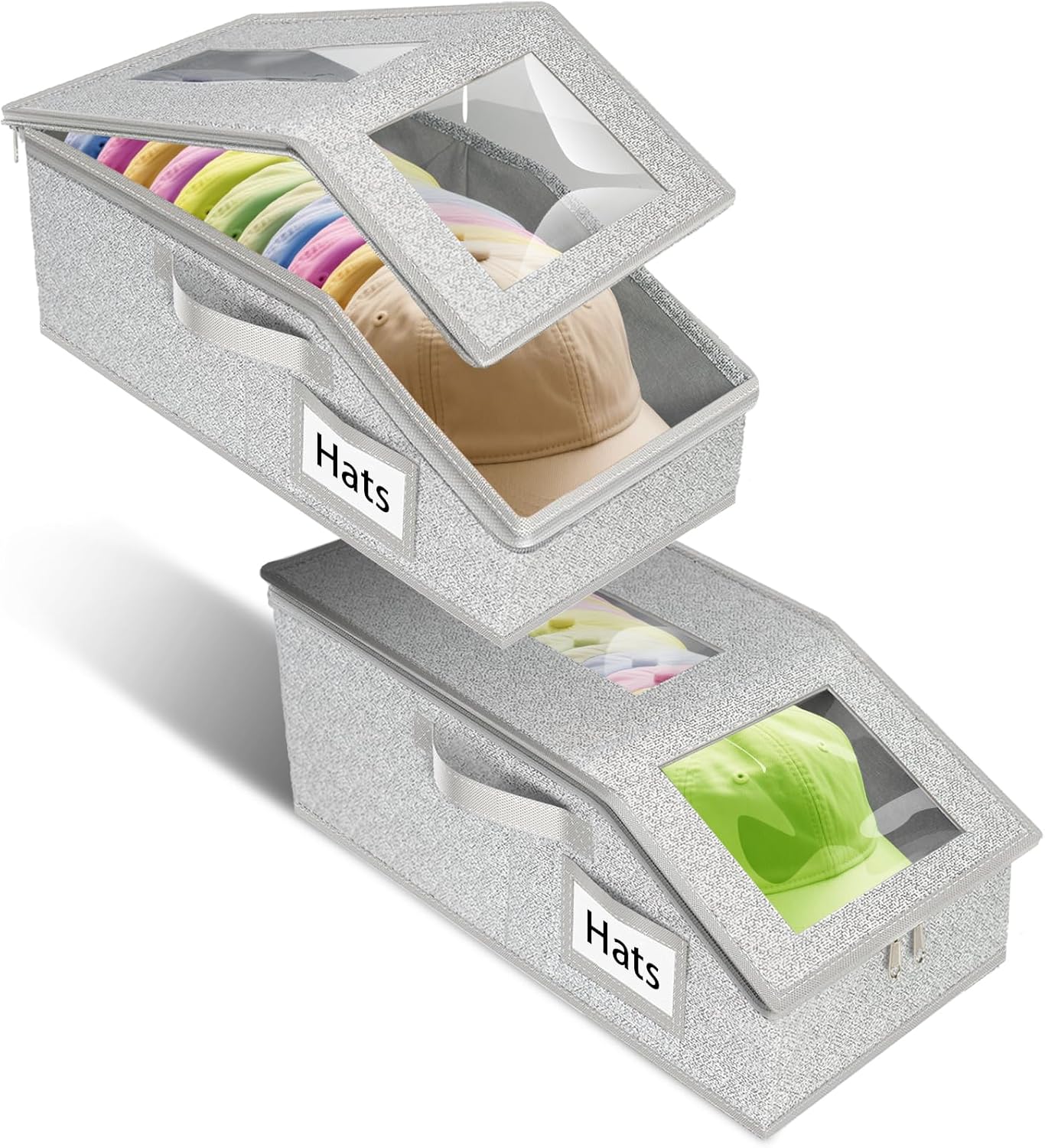 Stackable Hat Storage for Baseball Caps, 2 PCS Hat Storage Boxes for Closet, Holds up to 30 Caps with Cardboard, Hat Organizer for Women & Men(Two Clear Window) (Grey)