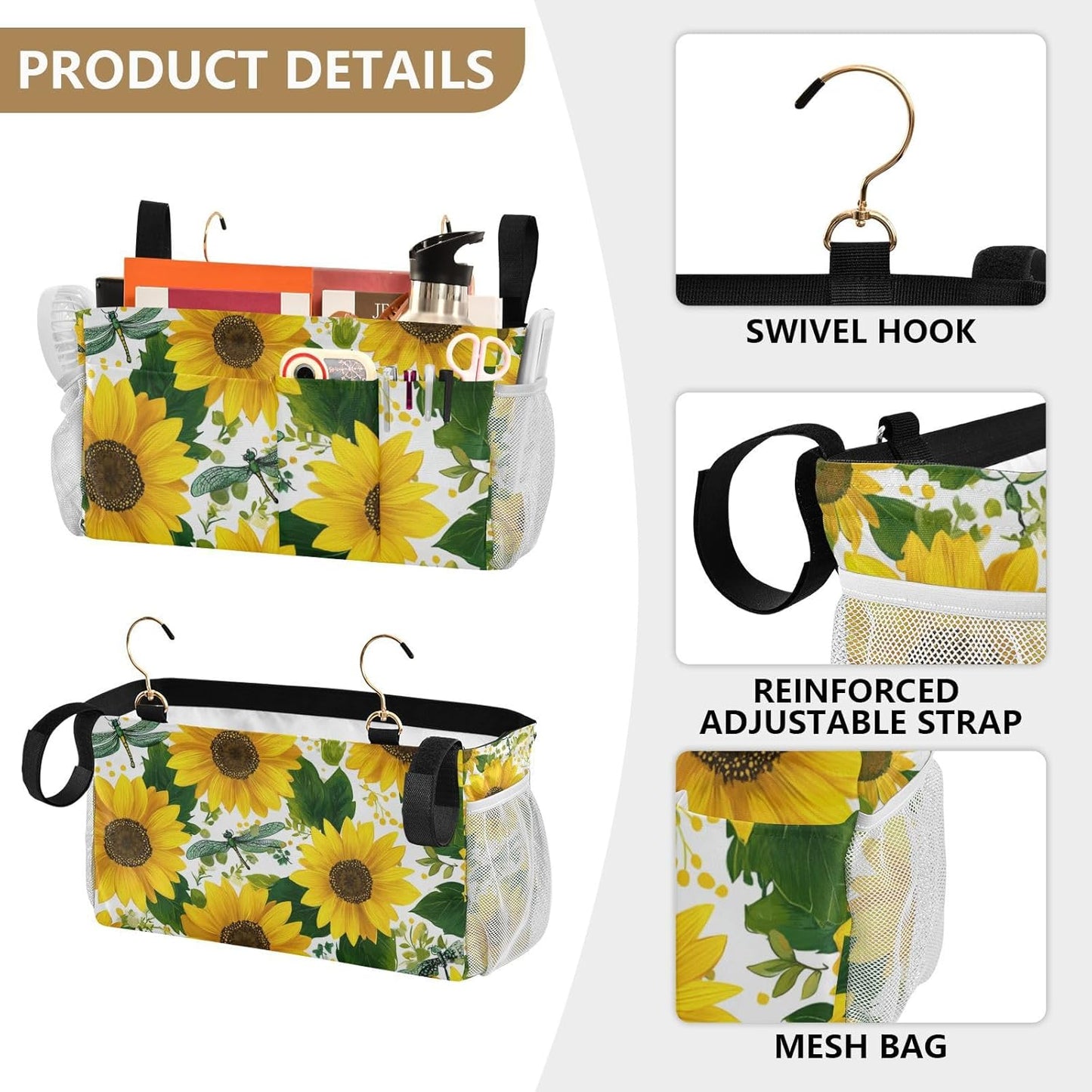 Cute Yellow Sunflowers and Dragonflies Bedside Caddy for Dorm Bed Bedside Hanging Caddy Bag Iron Frame Storage Organizer Pocket for Bunk Home College Hospital Beds 2 Hooks