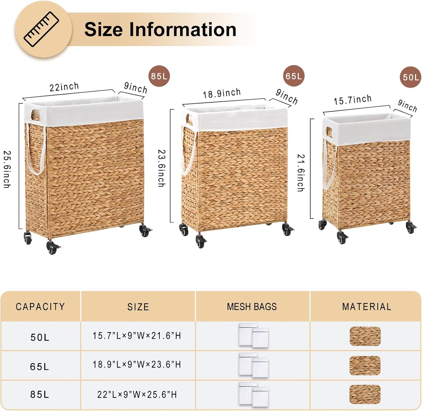 Rolling Laundry Hamper with Wheels, Slim Laundry Basket with Removable Liner Bag & 2 Mesh Bags, Handwoven Water Hyacinth Clothes Hamper for Bedroom Bathroom (Natural, 85L)