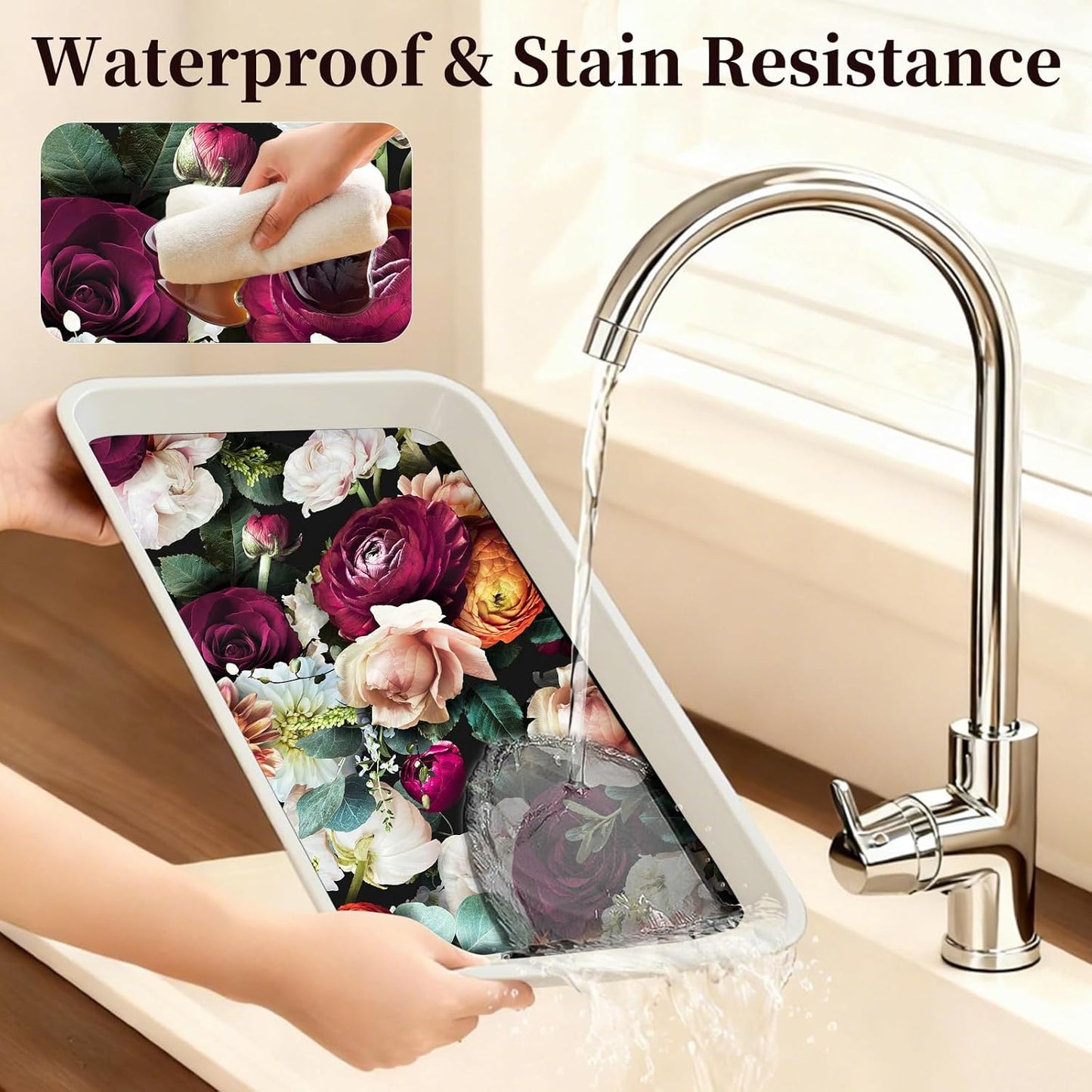 Floralplus Shelf and Cabinet Liner Self Adhesive Drawer Liner Waterproof Peel and Stick Contact Paper for Kitchen Vintage Floral Liners Wallpaper for Cupboard Dresser 17.7 x 78.7 in
