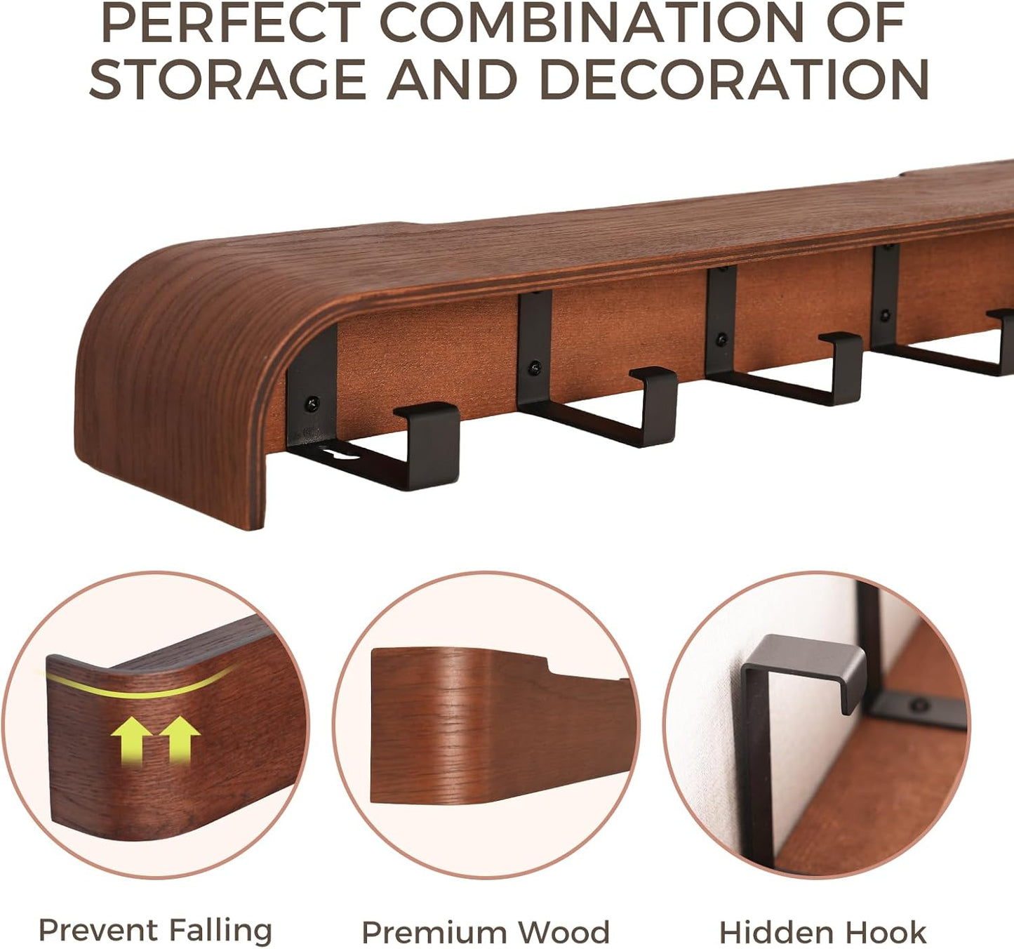 Wall Coat Rack Floating Shelves Modern Coat Rack Wall Mount with Storage Entryway Shelf Wooden Hanger 20 Inch 4 Hidden Metal Hooks for Living Room Bedroom (Walnut Color, 5 Hooks)