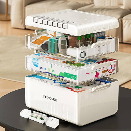3-Tier Medicine Cabinet Organizer, Portable Medicine Cabinet with Handle, Large Capacity Medicine Storage Box, Multipurpose Medical Box with Pill Box, Empty First Aid Kit for Home, White