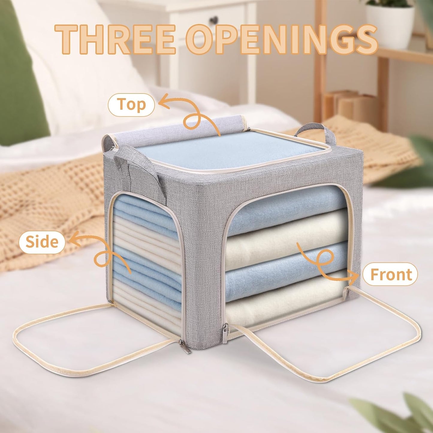 combocube 3-Side Zippered Openings Clothes Storage Bins with Thick Metal Frame, Stackable & Foldable Clothing Storage Bins with Lid, Linen Fabric Closet Storage Box with Large Clear Window, 3 Pack