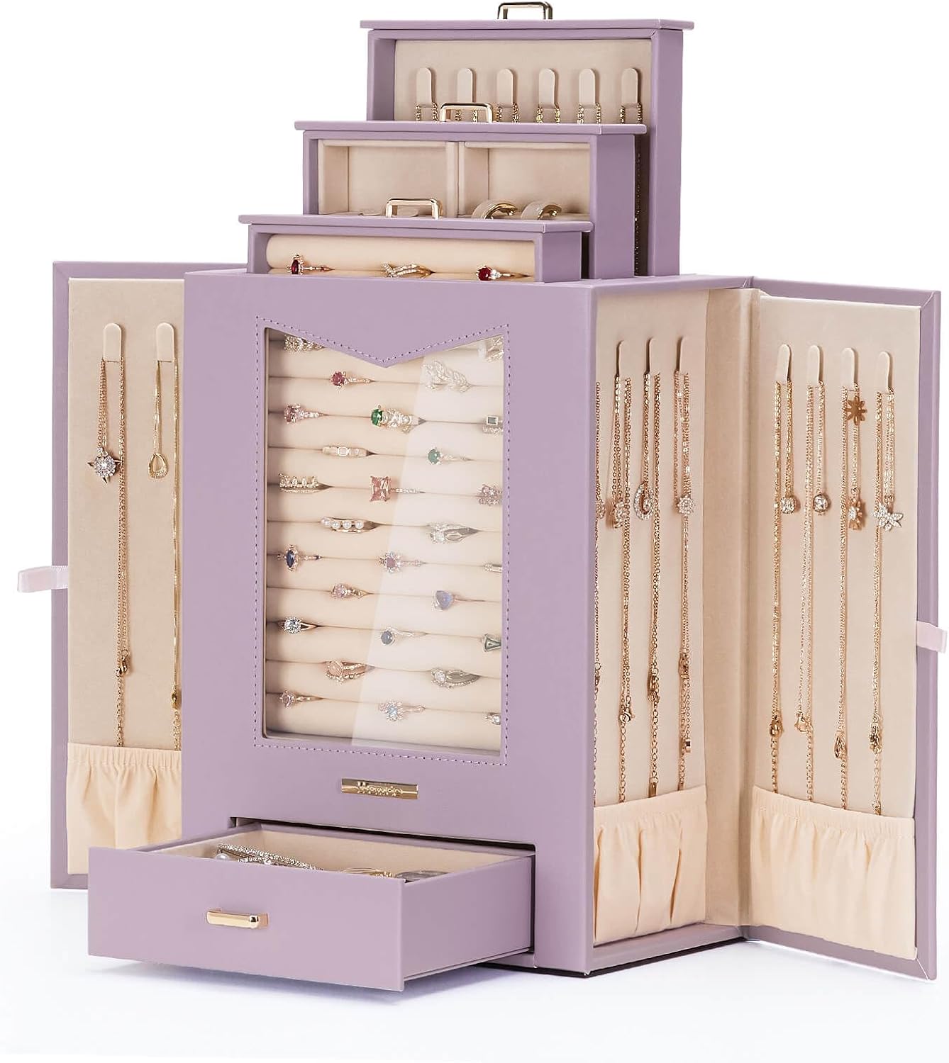 Homde Jewelry Organizer with Transparent Window Necklace Hooks Gift for Women Jewelry Box Display Case for Necklaces Rings Earrings Bracelets and Other Accessories (Grey Purple)
