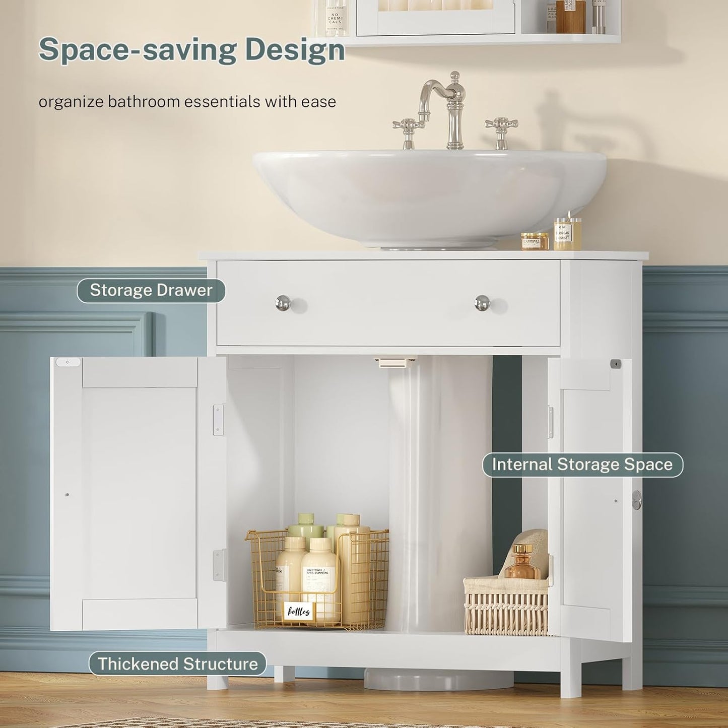 TEENFON Pedestal Sink Storage Cabinet with 2 Doors and Drawer, Bathroom Sink Cabinet, Under Sink Storage with U-Shape Cut-Out, White