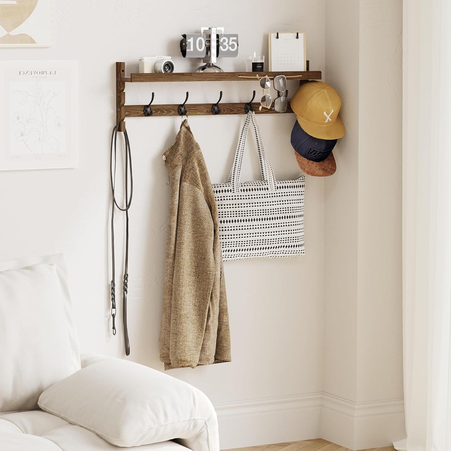 AMBIRD Wall Hooks with Shelf 28.9inch Entryway Wall Hanging Shelf, Wood Coat Hooks, Coat Rack Wall Mount Rack with 5 Dual Hooks, Glasses Organizer and Hat Organizer