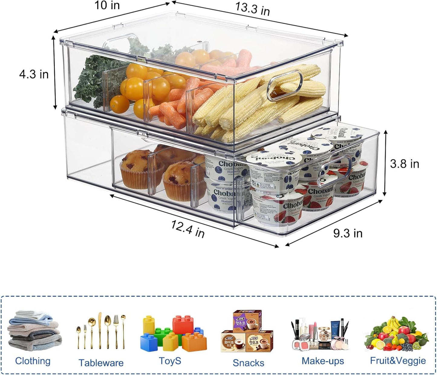 Fridge Drawer Pull Out Stackable Bins, Clear Refrigerator Stackable Organizers, Fridge Organizer Storage for Kitchen, Pantry, Vegetables, Fruits (2 Large)
