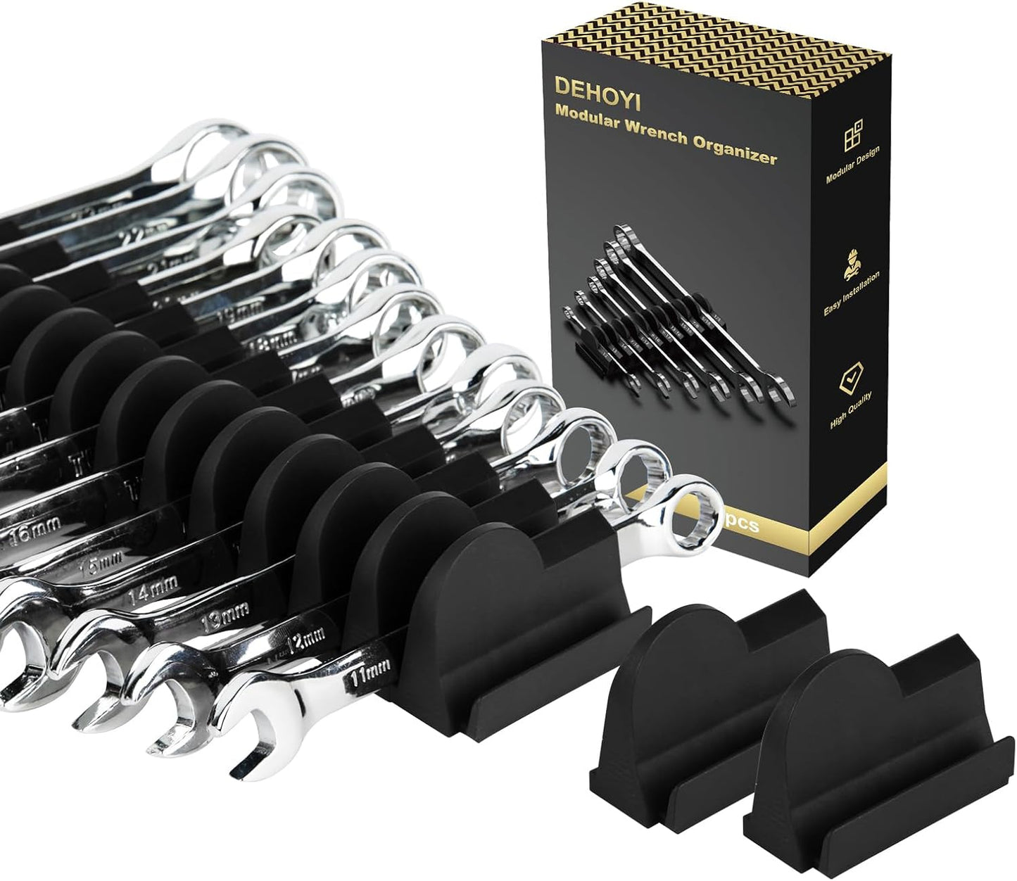 24pcs Modular Wrench Organizers for Tool Drawers - Wrench Rack with Metric&SAE Labels,Tool Storage Holder.Gift for father, brother&boyfriend (Black without magnet)