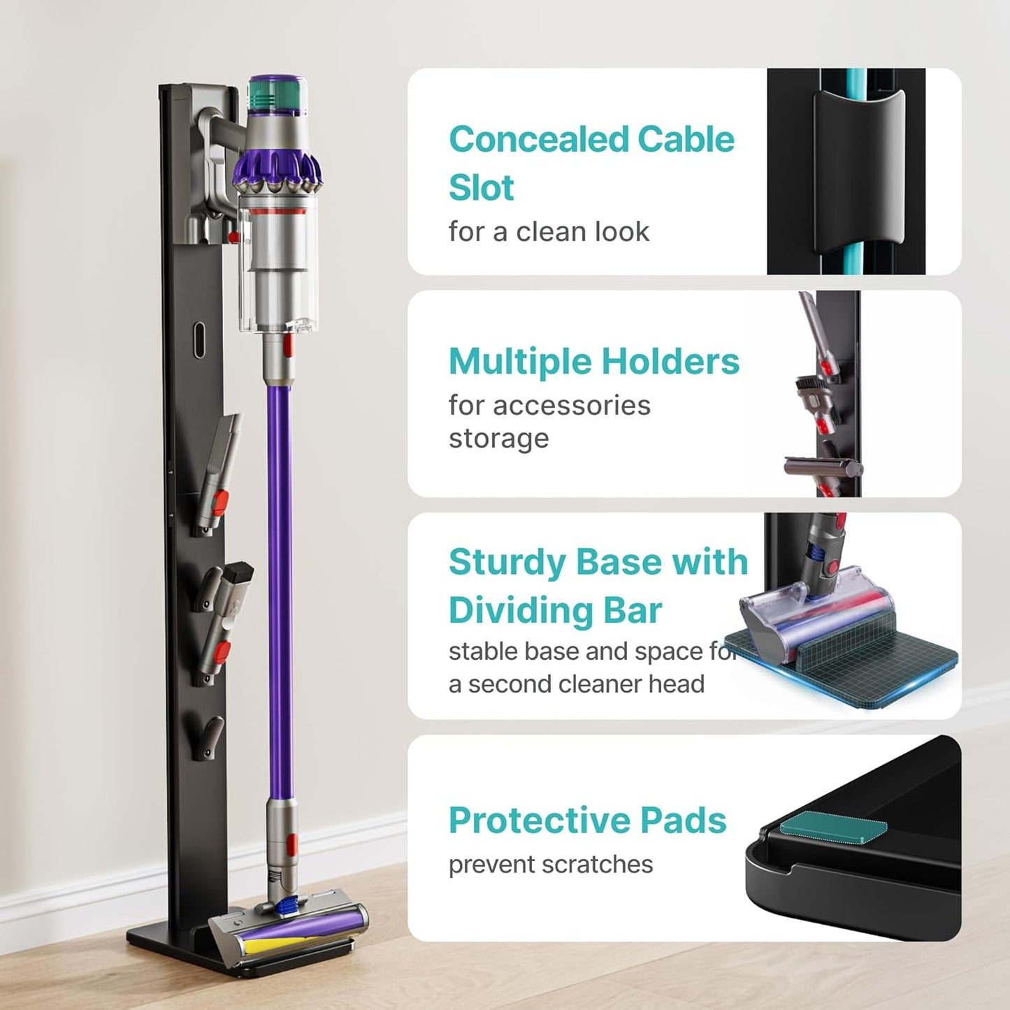 Vacuum Cleaner Stand, Compatible with Cordless Vacuums Dyson Gen5 V15 V12 V11 V10 V8 V7 V6, Floor Vacuum Accessory Holder with 4 Hooks, Metal Storage Bracket Organizer, Black