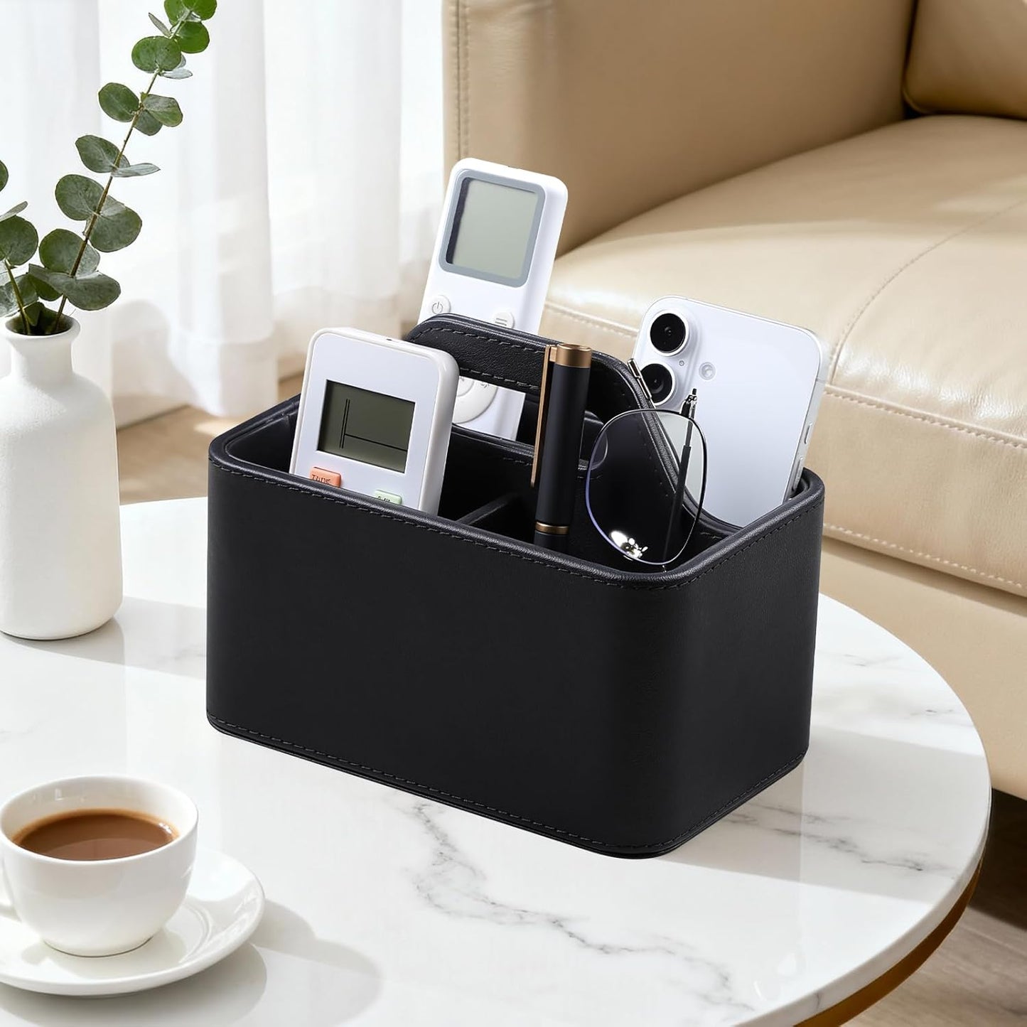 Caddy Organizer with Handle, PU Leather Remote Control Holder Desk Caddy, Portable Makeup Office Supply Organizer for Bathroom, Nightstand, Dresser (Black)