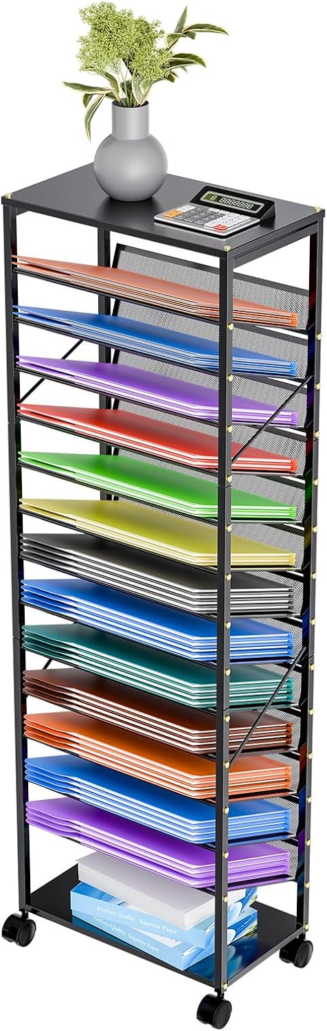 15 Tier Rolling File Cart, Sturdy and Durable Desk File Organizer with Metal Mesh Letter Tray, Heavy-duty Rolling Clutter Cart for Office, Home, School, Black