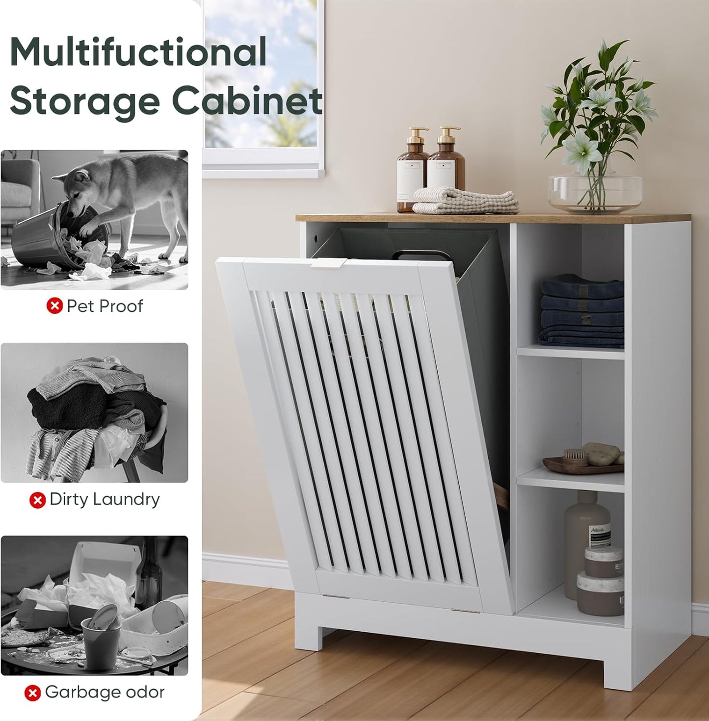Tilt Out Laundry Hamper Cabinet with Louvered Door, Canvas Basket and 3 Open Side Shelves, Hidden Trash Can Cabinet, Ideal for Laundry, Kitchen, Bathroom, White