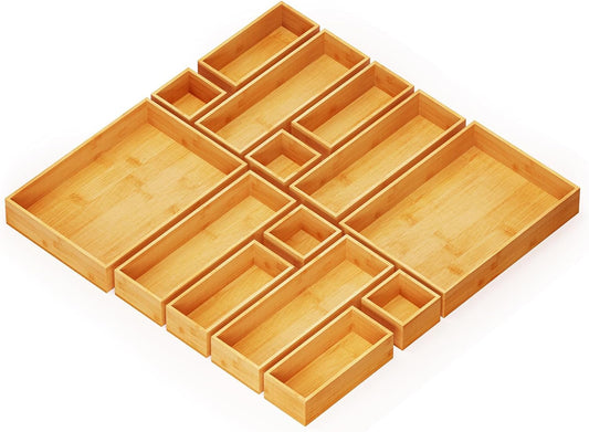 SpaceAid 14-Piece Bamboo Drawer Organizer Storage Boxes Set, Wood Tray Junk Drawer Organizers Multi-Use Divider Bins for Kitchen, Bathroom, Office Desk and Makeup Organization (14 Pack, Natural)