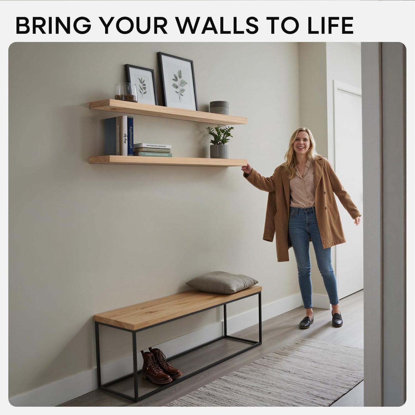 Homeforia 60 inch Natural Floating Shelf, High End Solid Real Wood 60inch Small Floating Shelves for Wall Mounted, Natural Wooden Floating Shelves, Heavy Duty Bracket, 60 X 6.5 X 1.75 in, Set of 3