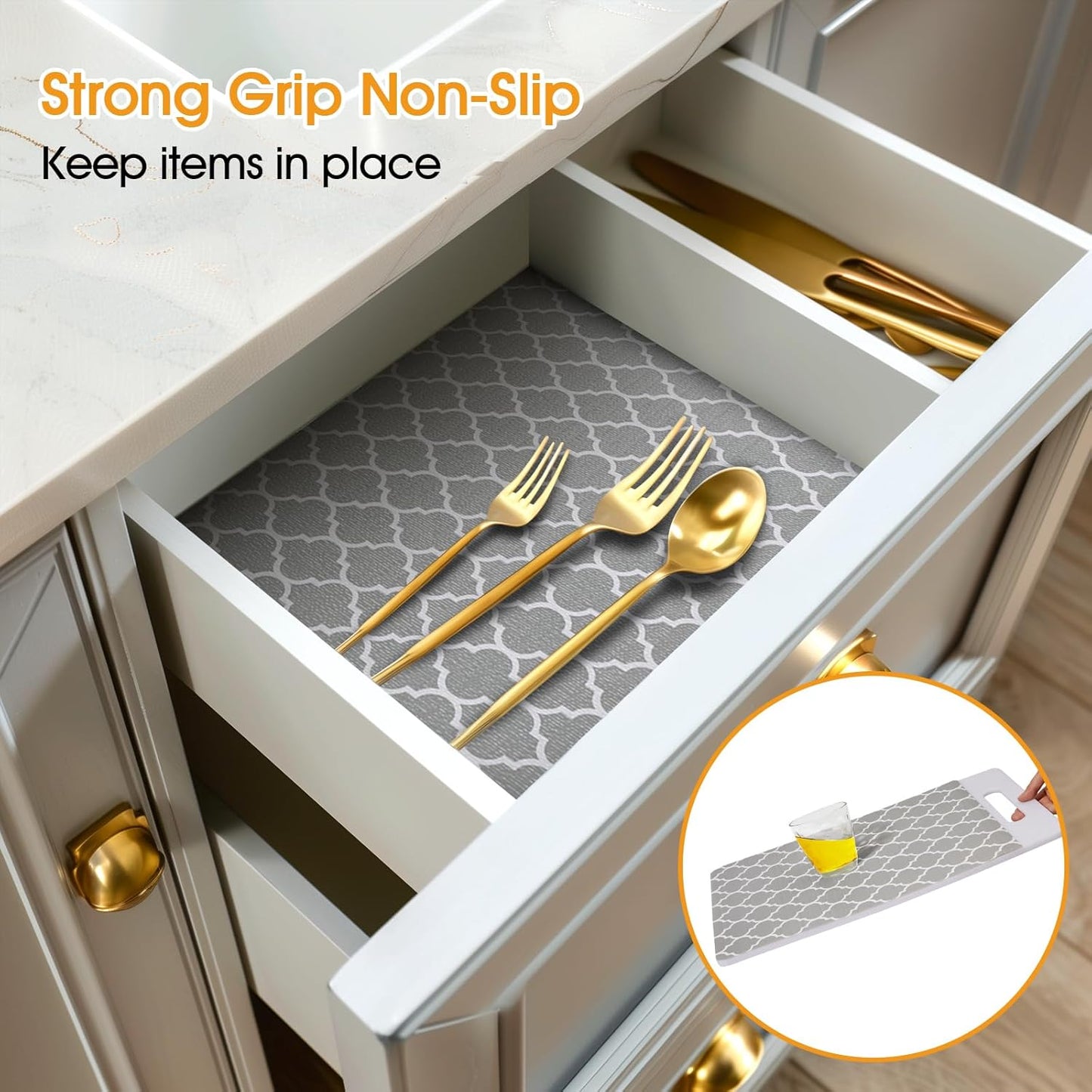 Shelf and Drawer Liner for Kitchen Cabinets Non-Adhesive, Strong Grip Non-Slip Thickened Cabinet Liners for Shelves, Waterproof Mats for Dresser Cupboard, Gray, 17 in x 20 Feet