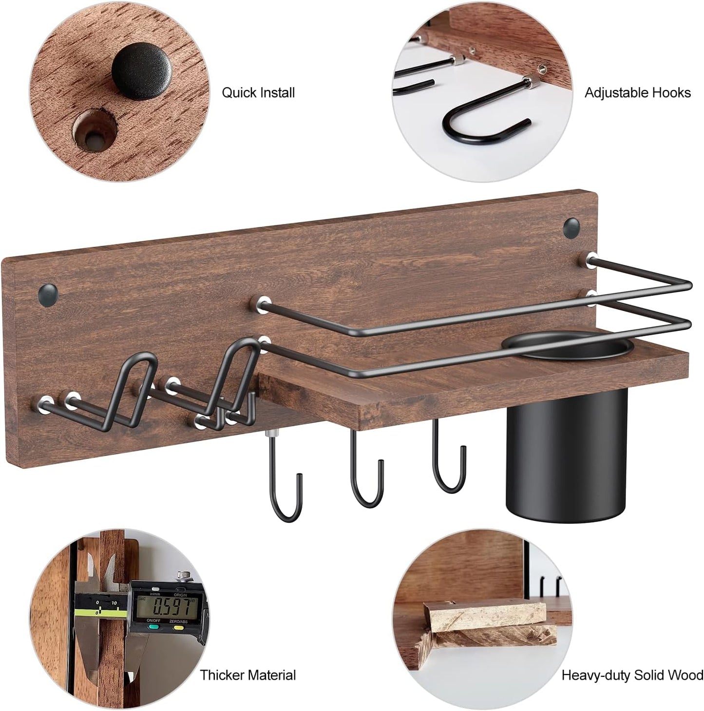 Wooden Hair Dryer Holder Wall Mounted, Bathroom Hair Tool Organizer, Blow Dryer Holder Shelf, Curling Iron and Hair Styling Tools Organizer