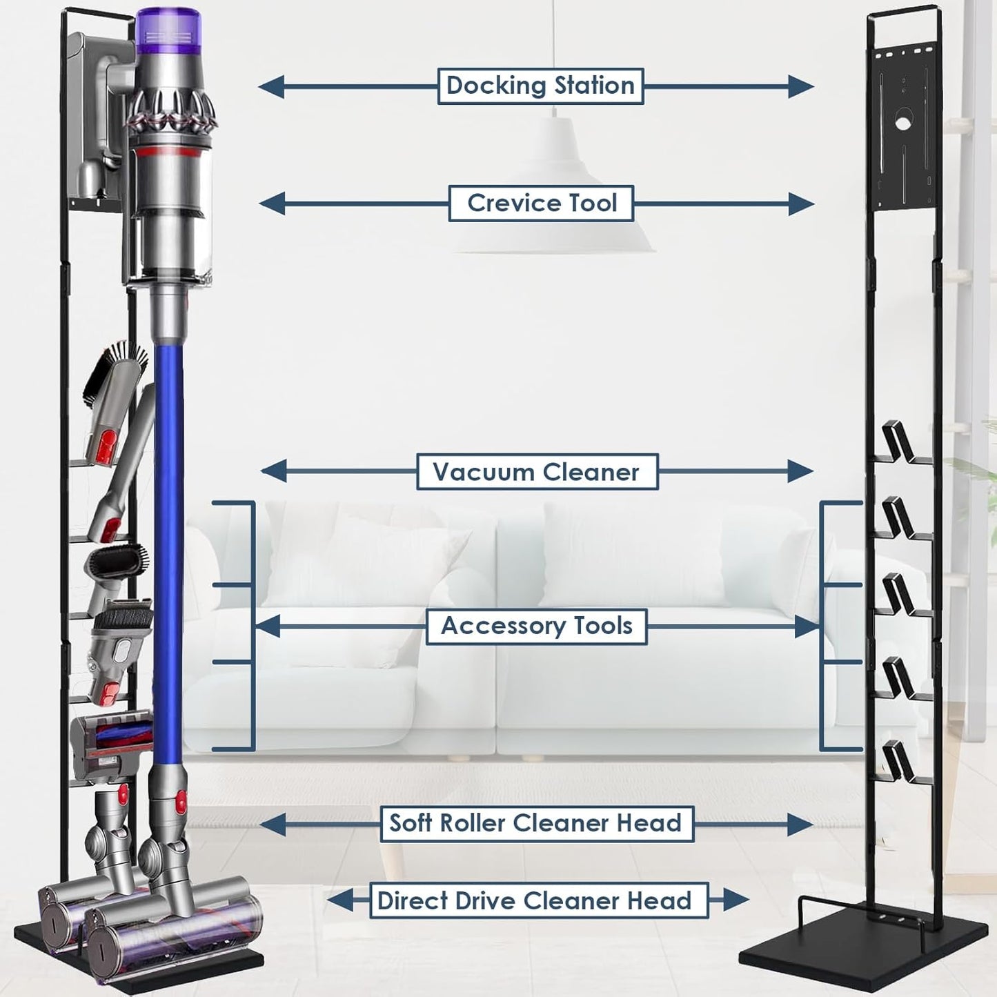 Vacuum Stand for Dyson V6, V7, V8, V10, V11, V12, V15 Cordless Cleaners - Heavy Base Metal Bracket Holder with Trigger Lock, On/Off Control Clamp, Accessory & Attachment Storage