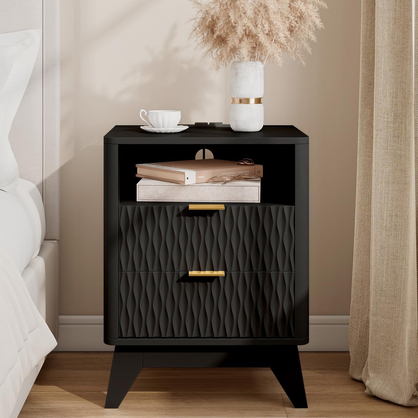 Fluted Nightstand with Charging Station, 18" Modern End Table with Storage Drawers, Bedside Table for Bedroom (Black)