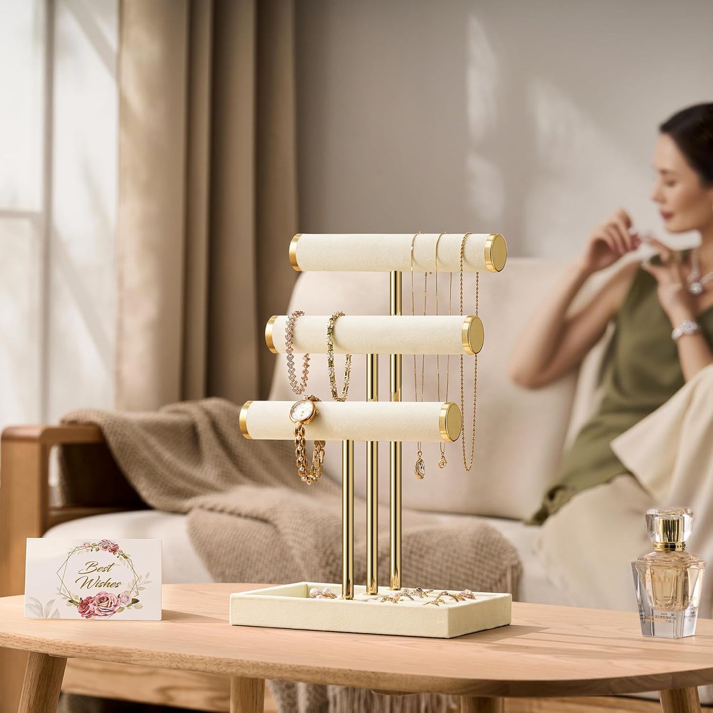 Bracelet Holder Jewelry Organizer Display - 3 Tier T Bar Velvet Stand, Beige Jewelry Storage for Bracelet, Necklaces, Watches