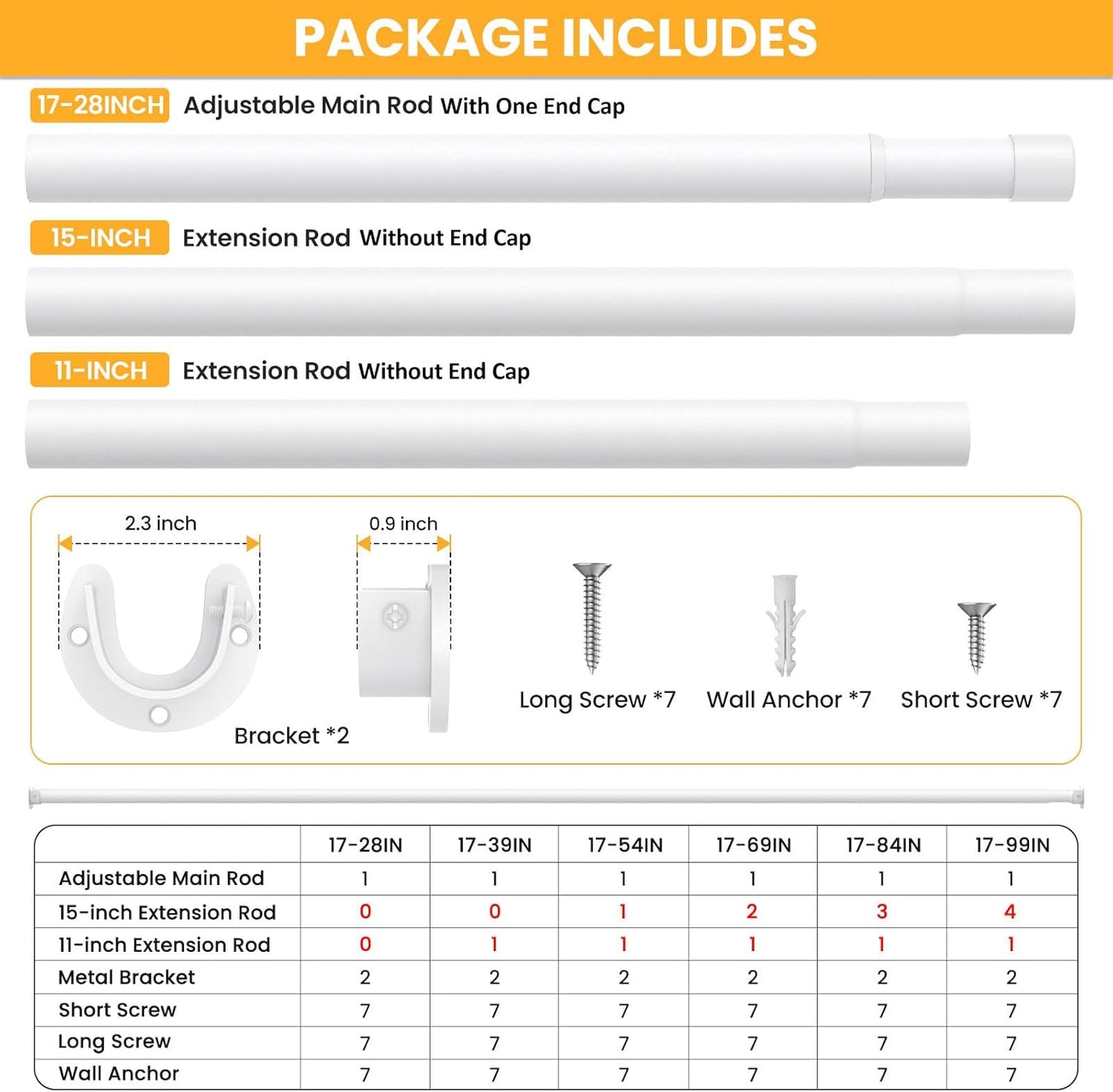Closet Rods for Hanging Clothes, 17-69 Inch No-Cut Stepless Adjustable Closet Rod, 1.3 Inch Heavy Duty Metal Closet Hanging Rod with Brackets, White Closet Bar for Closet, Laundry Room, RV, Wardrobes