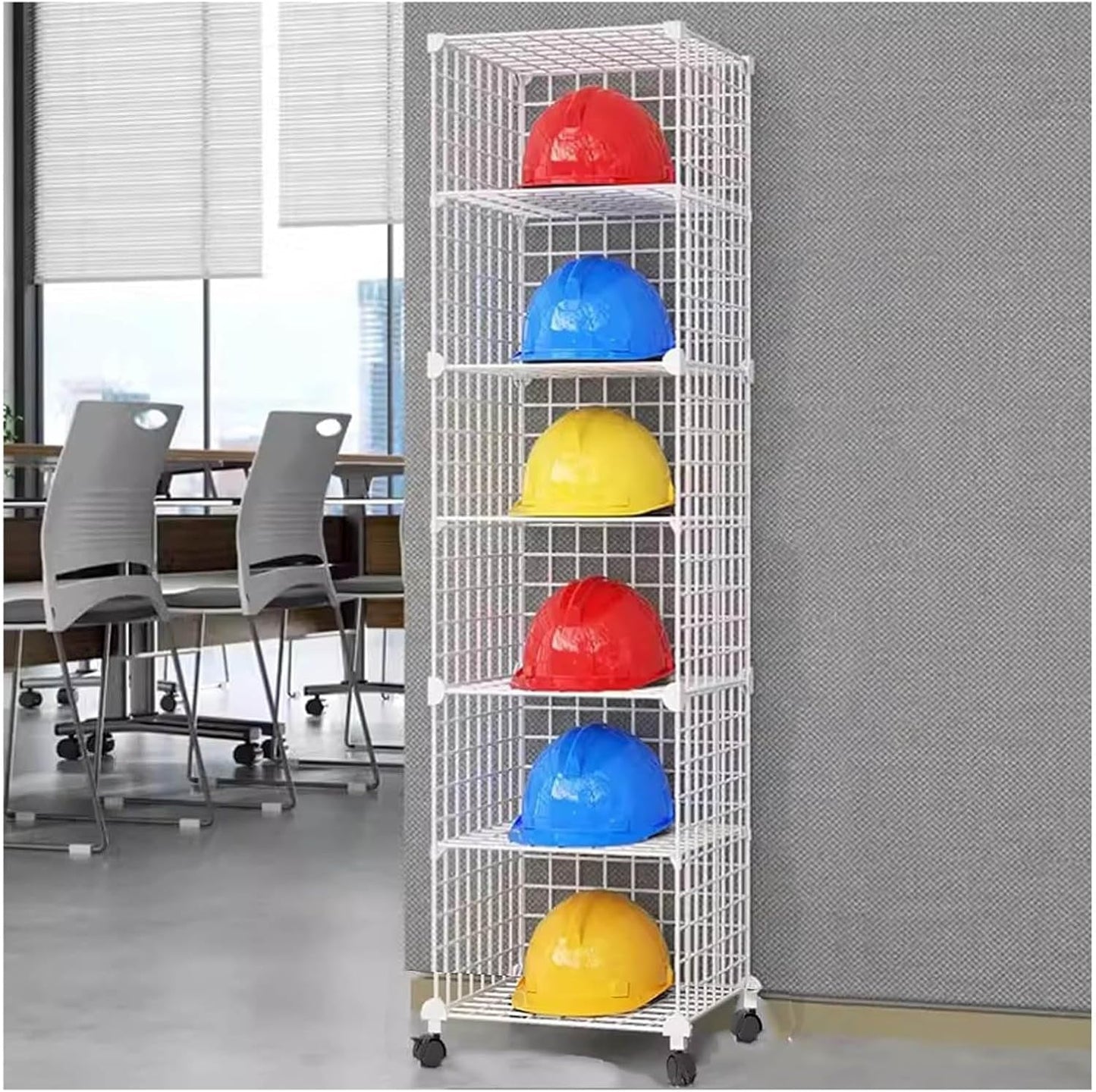 Stackable Safety Helmet Storage Boxes, Large Adjustable Hard Hat Placement Organizer Rack,with Wheels,for Construction Site/Garage/Workshop/Factory Helmet Display Shelf (White, 6 Grids-1 * 6)