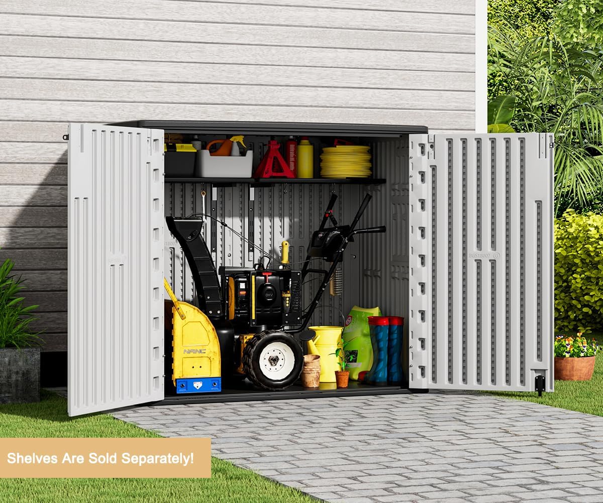 KINYING Outdoor Horizontal Storage Sheds,37 Cu.ft Outdoor Storage Cabinet Waterproof Resin Tool Storage Box for Lawn Mower,Garden Tools and Patio Furniture, Lockable (Grey)