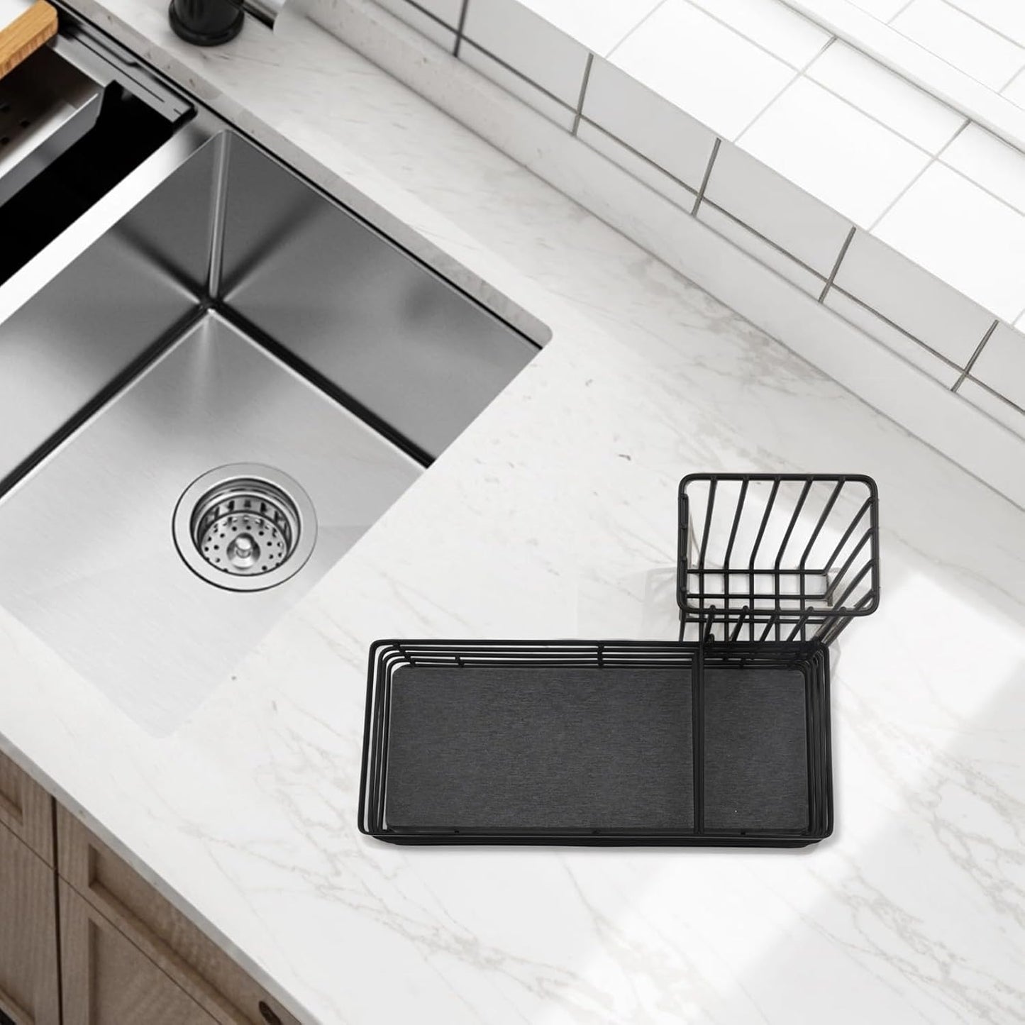 Efficient Sink Caddy with Removable Brush Holder and Water Absorbent Diatomite Stone Tray for Sponges
