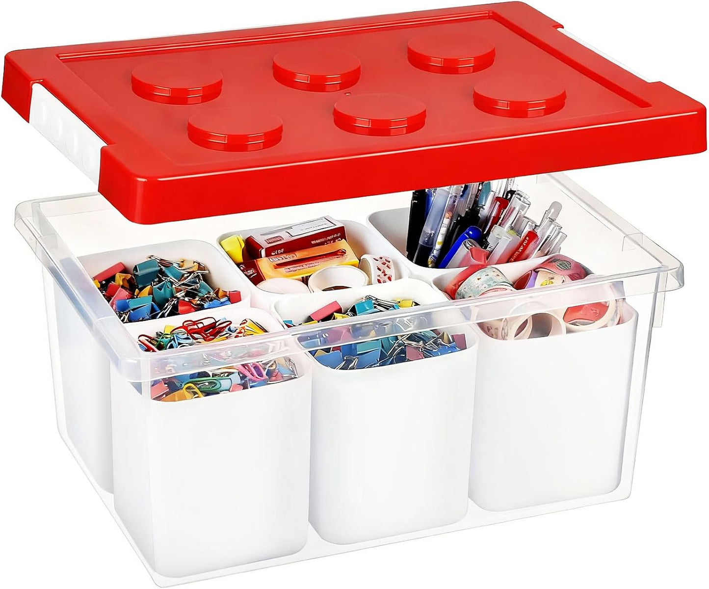 loobuu Plastic Storage Bins with Lids, Art Craft Supply Organizer Box with Brush Pot, Multipurpose Stackable Storage Containers for Organizing Tool, Craft, Crayon,Sewing (Red)