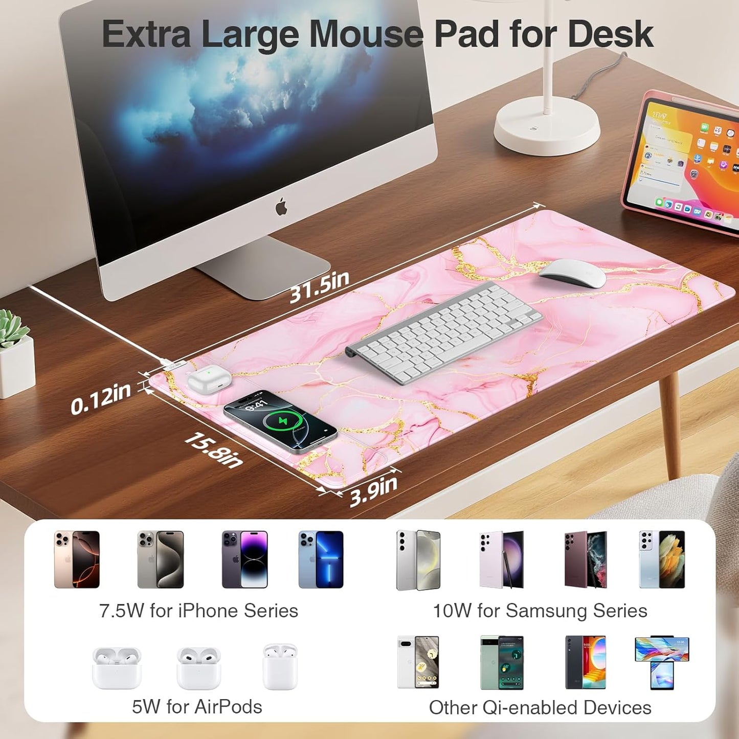 Wireless Charging Mouse Pad, 31.5"x15.8" Large Gaming Desk Mat for Keyboard/Laptop, Waterproof Ultra-Smooth Surface, Non-Slip Base, Pink Marble