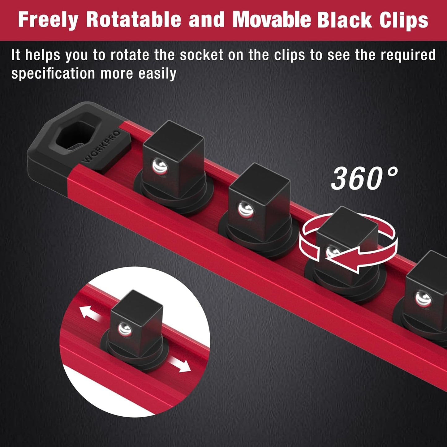 WORKPRO Magnetic Socket Organizer, 1/4-Inch Drive Aluminum Alloy Socket Rail, Heavy Duty Socket Holder, Socket Rack Kit 1/4-Inch x 12 Clips (Red)