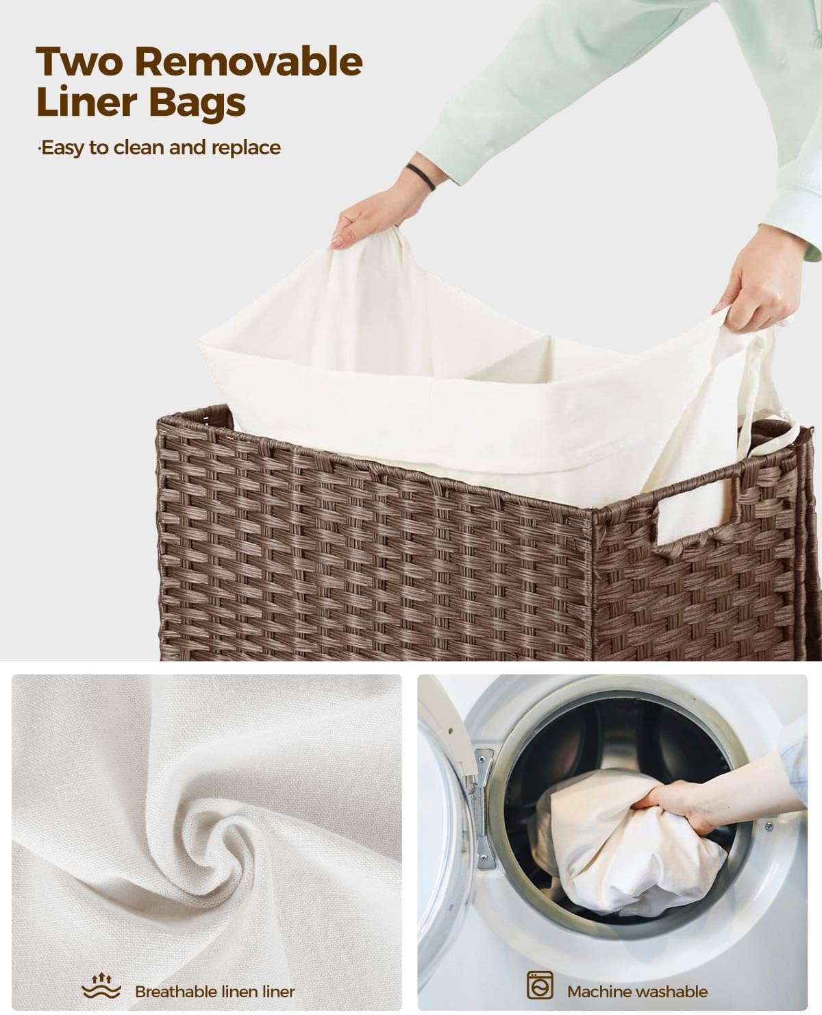 Greenstell Laundry Hamper with Wheels, No Install Needed, 90L Divided Handwoven Hampers & 2 Removable Liner Bags, Synthetic Rattan Clothes Laundry Basket with Lid & Handles, Foldable Hampers Brown