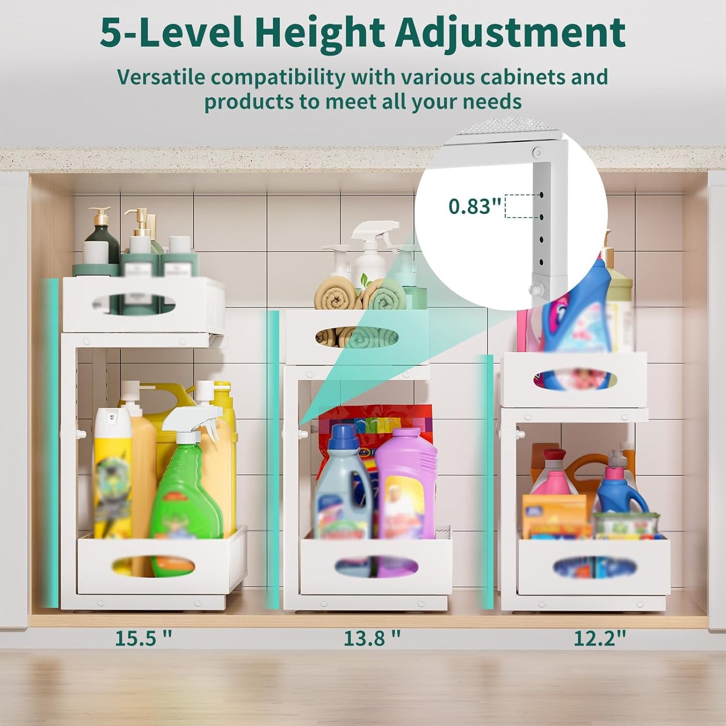 Under Sink Organizer, 1 Pack 2 Tier Metal Slide Out Pull Out Cabinet Organizer Shelf, Height Adjustable Organization and Storage Series, Bathroom/Desktop/Cabinet/Kitchen organization, White