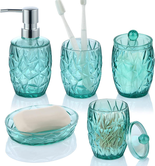 Shatterproof Acrylic Teal Blue Bathroom Accessories Set – Glass-Free, 5-Piece Vanity Set with Lotion Soap Dispenser, Toothbrush/Makeup Brush Holder, 2 Dust-Proof Cotton Jars, and Soap Dish