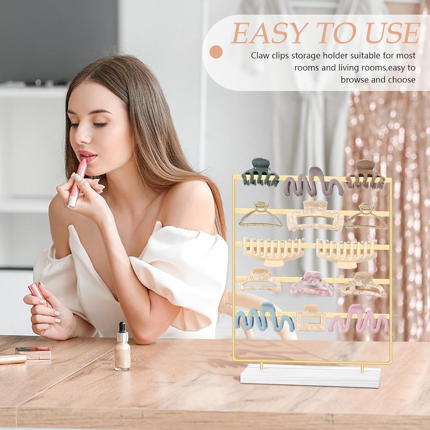 SNOWSTAR Hair Claw Clip Holder Organizer - 5 Tier Iron Rod Hair Clip Holder Storage for Women Girls, Wood Base Desktop Organizer