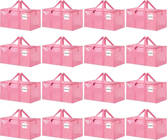 16 Pack Extra Large Heavy Duty Moving Bags, Pink Storage Bins with Lids, Reinforced Handles & Heavy-Duty Zippers Moving Boxes Storage Bags Totes for Clothes Packing, Dorms, College Supplies, Pink