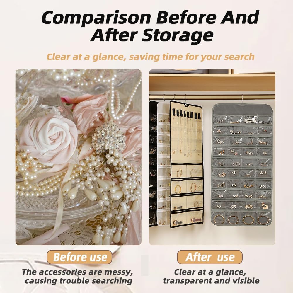 Hanging Jewelry Organizer Storage Earring Jewelry Storage Bag With 48 Pockets Necklace Bracelet Ring Glasses Accessory Display Rack (B80-Black)