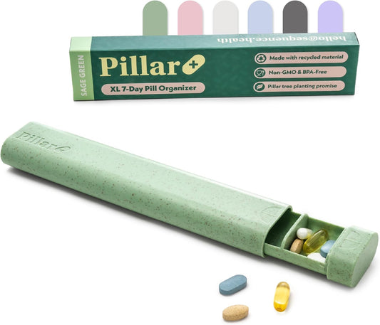 Pillar Plus - Aesthetic 7 XL Day Pill Organizer | BPA-Free Wheat Straw Medicine Case | Pretty Travel & Home Tablet Vitamin Organizer | Cute Weekly Pill Box | Travel Medicine Organizer (Sage Green)