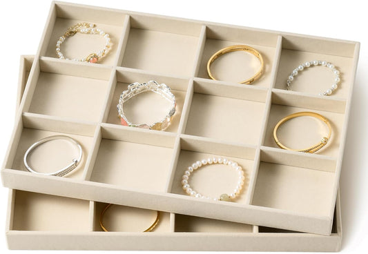 pickpiff Drawer Jewelry Organizer & Display Trays: 2pcs 12grid Velvet Stackable Jewelry Case (13.8x9.4x1.2inch) - Soft Beige Necklace Holder Bracelet Display Watch Box