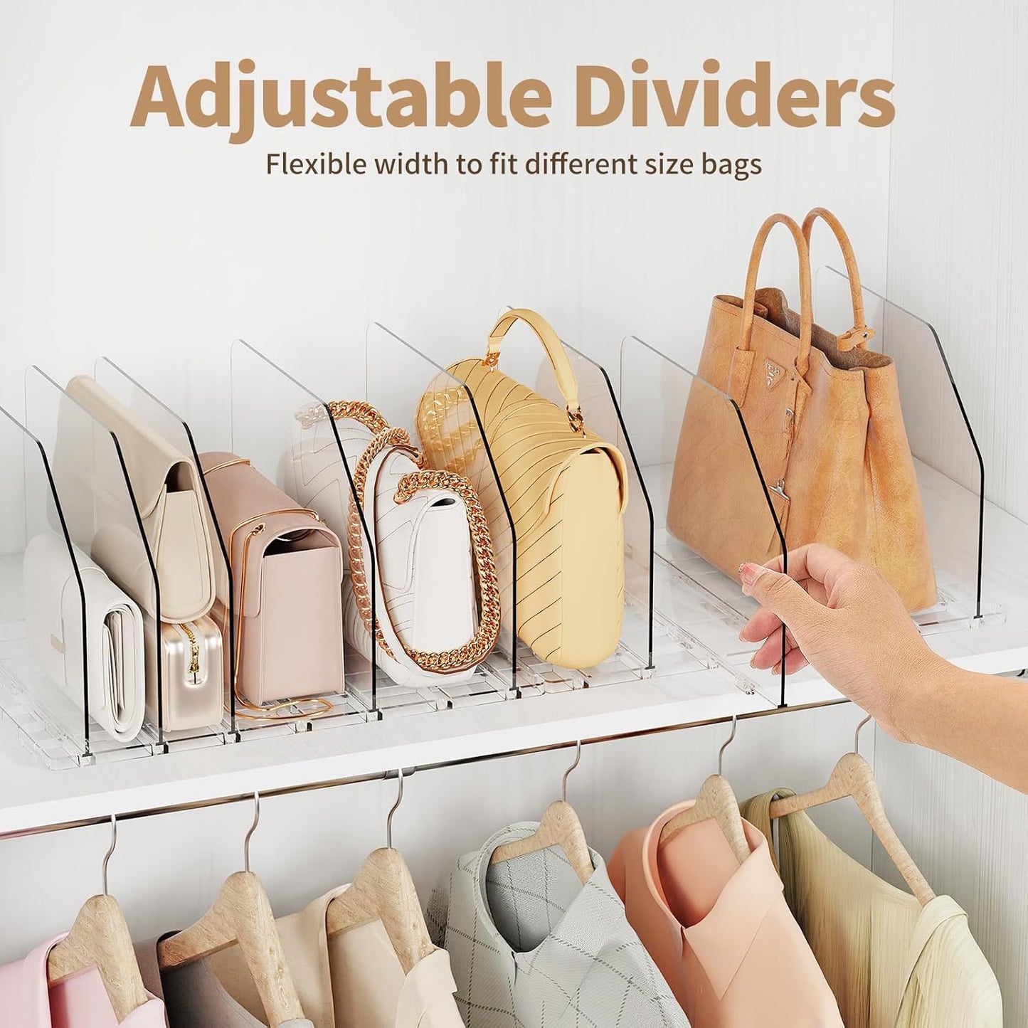 Purse Organizer for Closet, Shelf Divider Adjustable Clear Acrylic Handbag Storage, Bag Storage Separators, Keep Handbag & Books Neat and Upright in Bedroom, Office