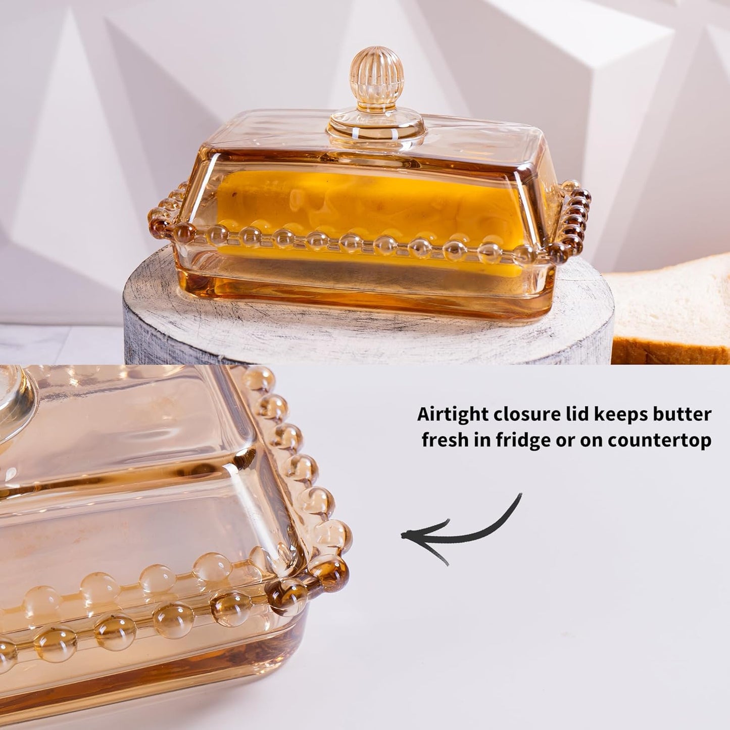 Glass Butter Dish with Lid for Countertop, Champagne Color Crystal Covered Butter Stick Holder Tray, Glass Butter Storage Container for Refrigerator